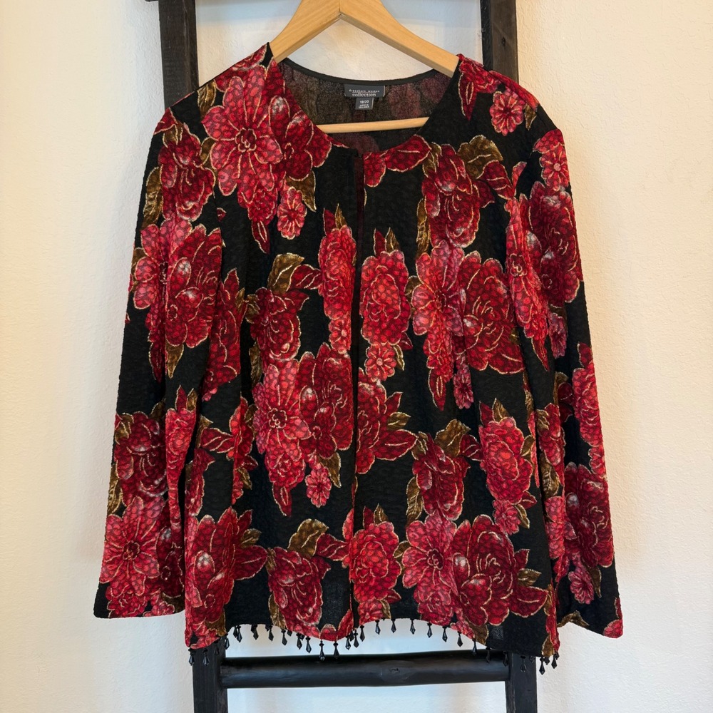 Black Red Floral Kimono Jacket‎ Beaded Trim 18/20